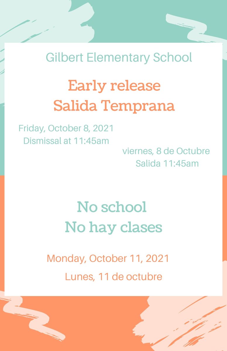 DVISD_GES's tweet photo. Salida temprana viernes, 8 de octubre. Salida a las 11:45am.
No hay clases lunes 11 de octubre.
#DVProud #Gilbertproud #PawsupGilbert https://t.co/OKzX0Rbku8