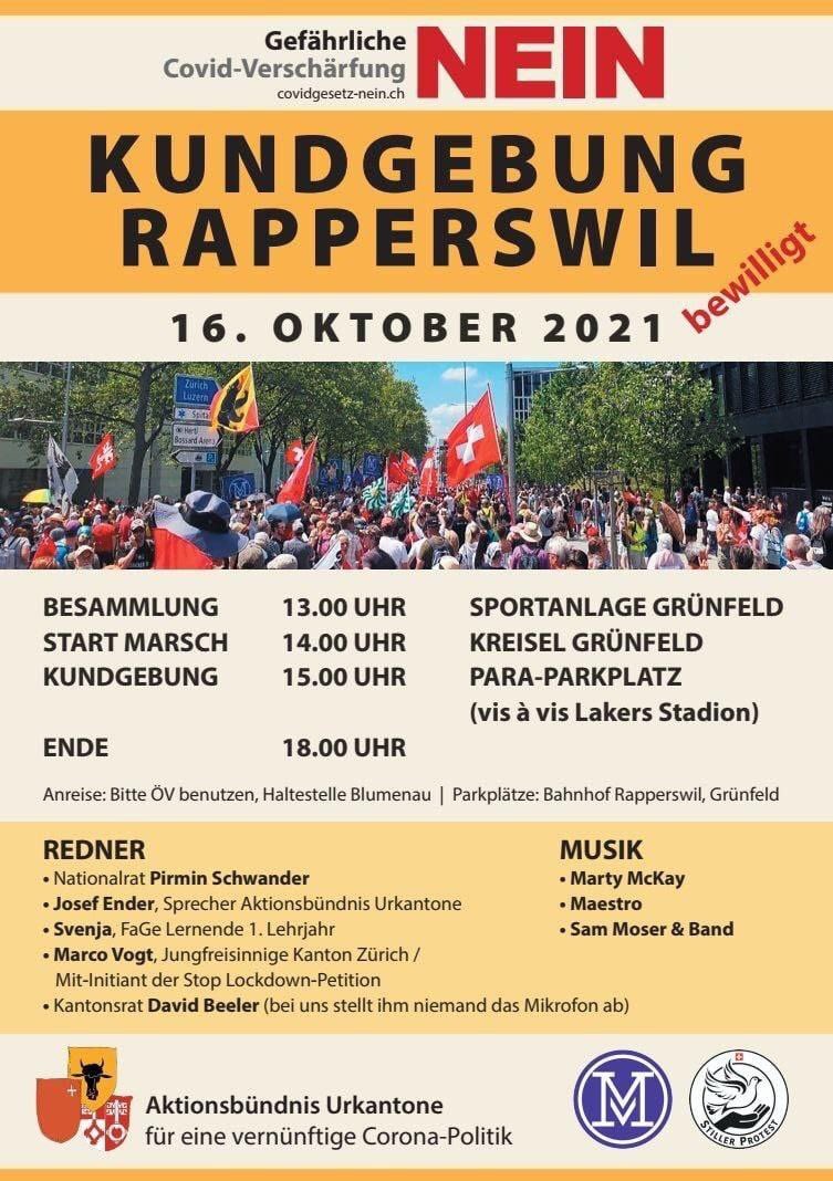 myswiss's tweet photo. ⚠️MEGA-DEMO⚠️
Bitte teilen und alle nach Rapperswil SG kommen! 16. Oktober 2021 ab 
13 Uhr Sportanlage Grünfeld

Marsch mit anschliessender Kundgebung auf dem Para-Parkplatz (vis à vis Lakers Stadion)

NEIN zum Covid-Zertifikat!
NEIN zu Diskriminierung und Spaltung! #CoronaInfoCH https://t.co/GqCSOvVd2p