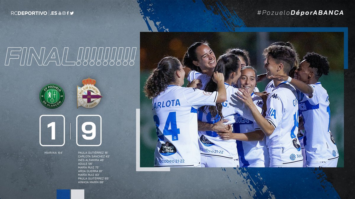 RCDeportivo's tweet photo. Fiiiiiiiiinaaaaaaaal do #PozueloDéporABANCA na Cidade Deportiva Valle de las Cañas, 1-9! 

#AsNosas, clasificadas para a segunda rolda da #CopaDeLaReina!

🦋 #VoemosXuntas ⚽️ #MoitoPorVivir 💙 https://t.co/V5XyztjKsr