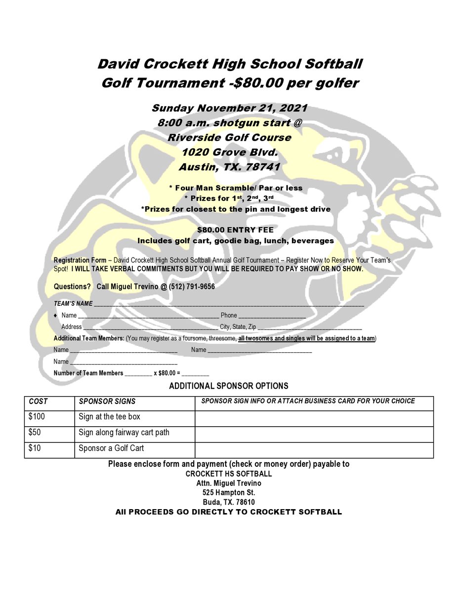 RiversideATX's tweet photo. Help support Crockett High School softball. Register for our Four Man Scramble today. https://t.co/II6Nmq0VOk