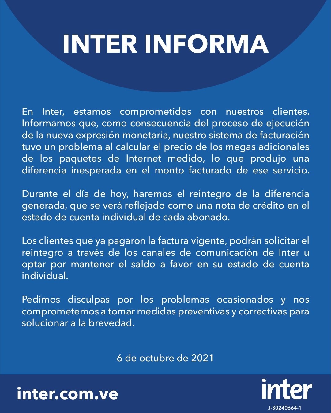 Conatel anuncia procedimiento contra Inter tras error de facturación