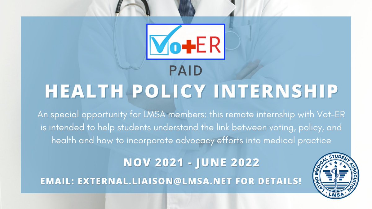 🏛️Can't get enough #policy after this years Policy Summit?? 

We are proud to partner with <a href="/Vot_ER_org/">Vot-ER</a> to offer LMSA members a paid Health Policy Internship! For more details and how to apply, send an email to external.liaison@lmsa.net ✍️📨📧