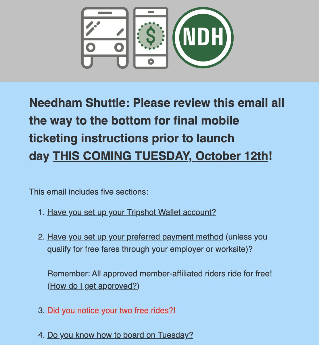 UnlockTheGrid's tweet photo. Final reminder for #NeedhamShuttle riders!
Fare collection resumes TOMORROW (Tue 10/12), alongside the exciting rollout of mobile ticketing through our rider app, @TripshotInc.
Make sure you're prepared by reviewing this email: https://t.co/pXTry49BQu https://t.co/hYhQilVeAd