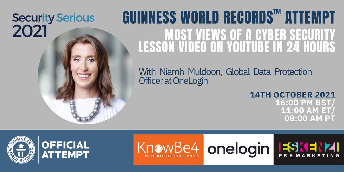 OneLogin's tweet photo. Happy Cybersecurity Awareness Month! OneLogin is attempting to set a World Record with Guinness World Records for "Most People Watching an Online Security Lesson." 🖥️ 
 
Join our own cyber expert @NiamhVianney in this record attempt + register here: https://t.co/YaOQo6tX3u https://t.co/WYHmPyBudl