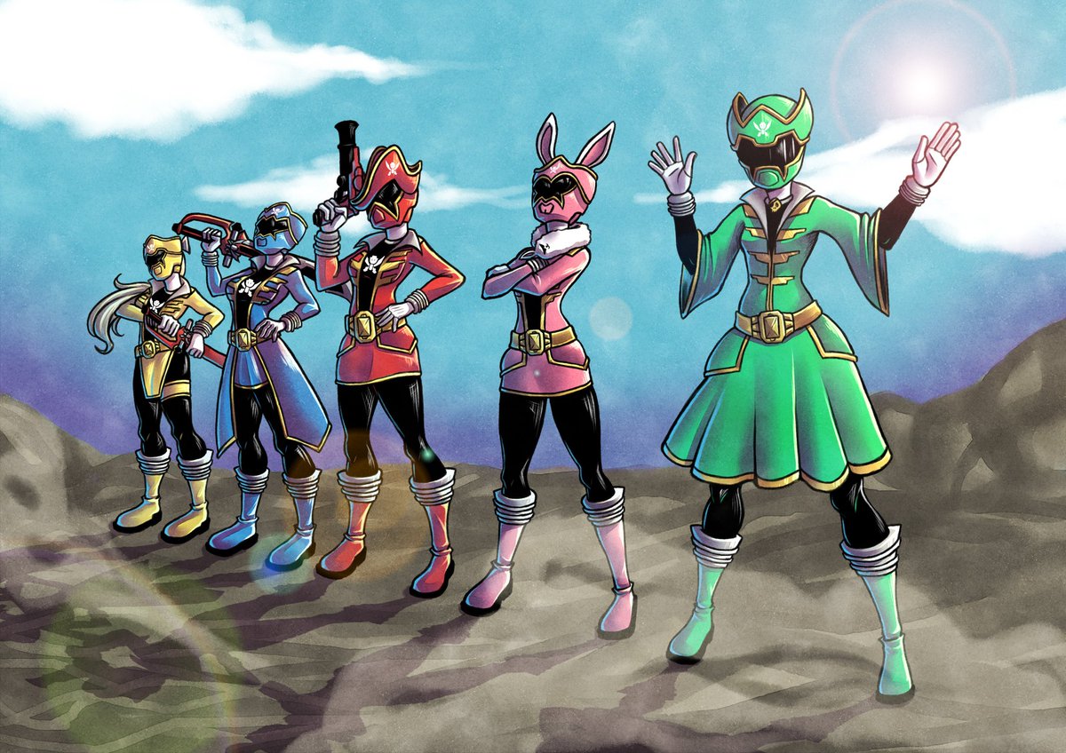 lightingstrxu's tweet photo. New commission from @ilustre_gui 
Holofantasy as Gokaiger.

#hololive #HoushouMarine #shirogane_noel #pekora #super_sentai #shiranui_flare #uruha_rushia https://t.co/it8TChiYjG