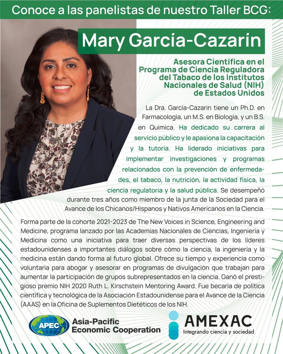AMEXACiencia's tweet photo. Conoce a las panelistas de nuestro Taller BCG
Dra. Mary García-Cazarín
Una invitada de lujo, asesora científica del programa de ciencia reguladora del tabaco en el NIH de Estados Unidos.
#TallerBCG #AMEXAC #AsesoramientoCientífico https://t.co/aFsEimoPJu