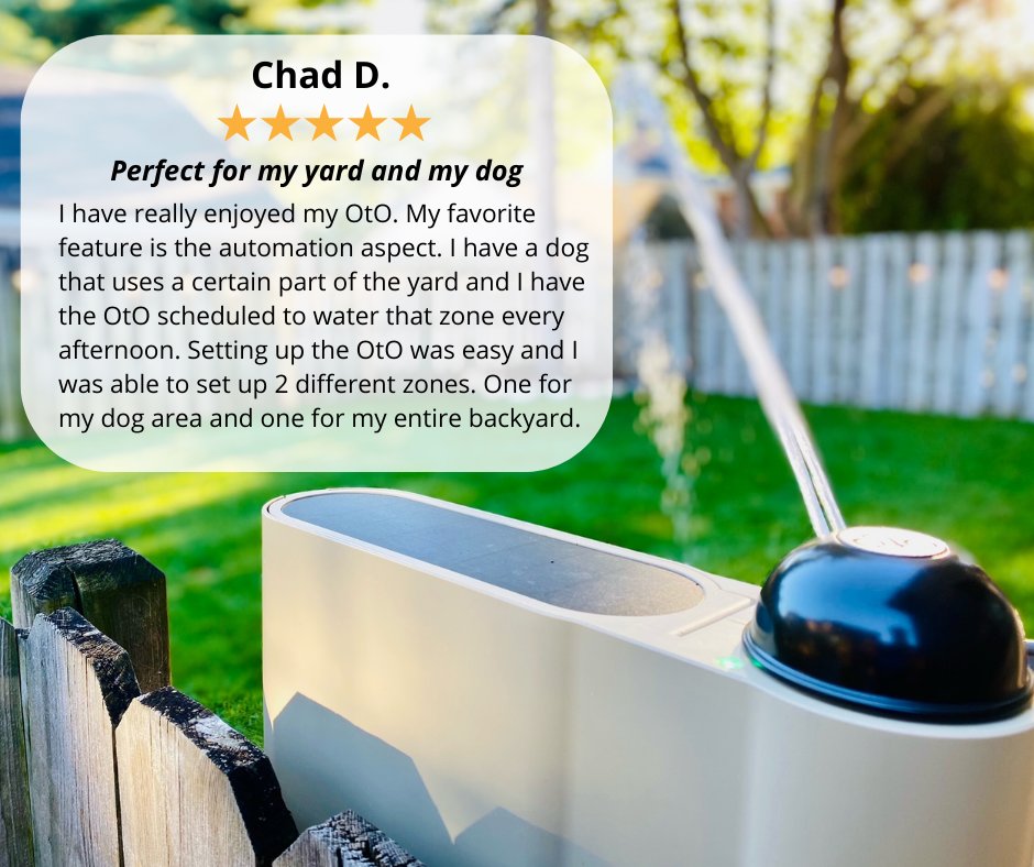 Thanks for the 5-Star Review, Chad! 🌟 Sounds like his pup likes OtO too 🐶🐾 Check out our website to read more reviews and also learn about our pet- and people-safe fertilizer and pest control! 
#otolawn #customerreview #smartdevice #startup #lawncare #smartliving #backyardfun