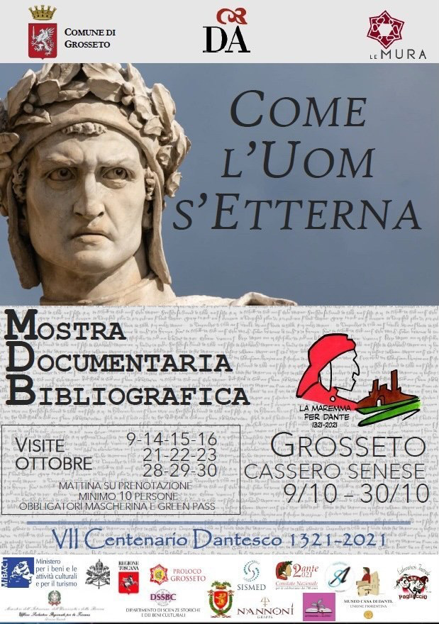#grosseto #Dante2021

Da sabato 9 ottobre, presso il Cassero Senese, sarà possibile visitare la mostra "Come l'uom s'etterna" 
Sono esposte le opere di alcuni studiosi locali che si sono dedicati a Dante e le realizzazioni pittoriche e grafiche di artisti locali.