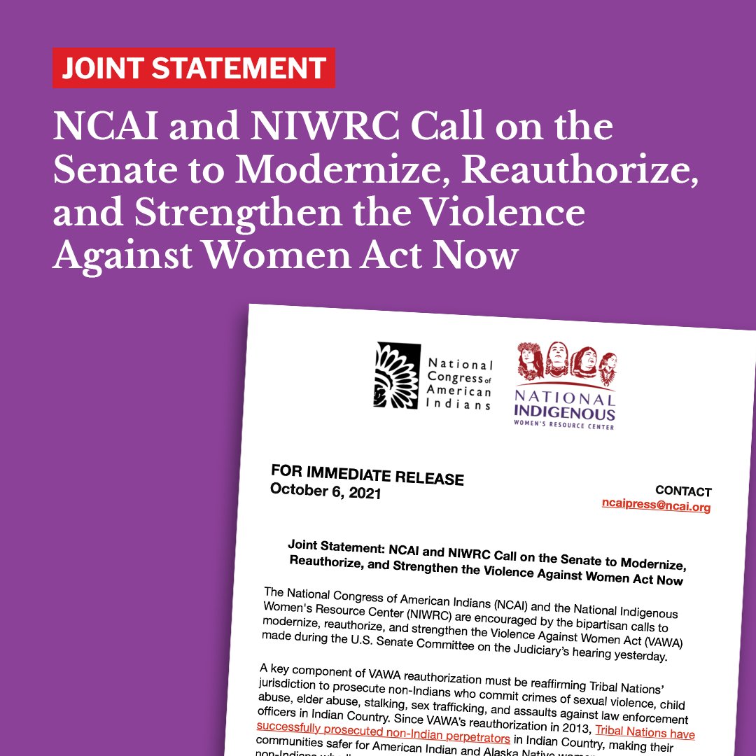 NCAI and <a href="/niwrc/">National Indigenous Women's Resource Center</a> are calling on the senate to modernize, reauthorize, and strengthen the Violence Against Women’s Act now! #VAWA 

Read the full statement: bit.ly/3aceTtB