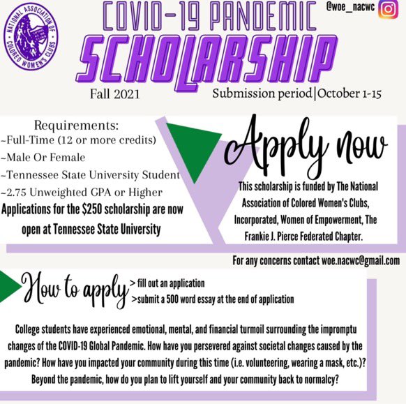 NacwcT's tweet photo. The National Association of Colored Women’s Clubs, Inc., Women of Empowerment, The Frankie J. Pierce Federated Chapter introduces our COVID-19 Pandemic Scholarship. Complete the application form to its entirety (form located in @woe_nacwc Instagram bio). Open October 1st - 15th. https://t.co/iAWM3tOutD