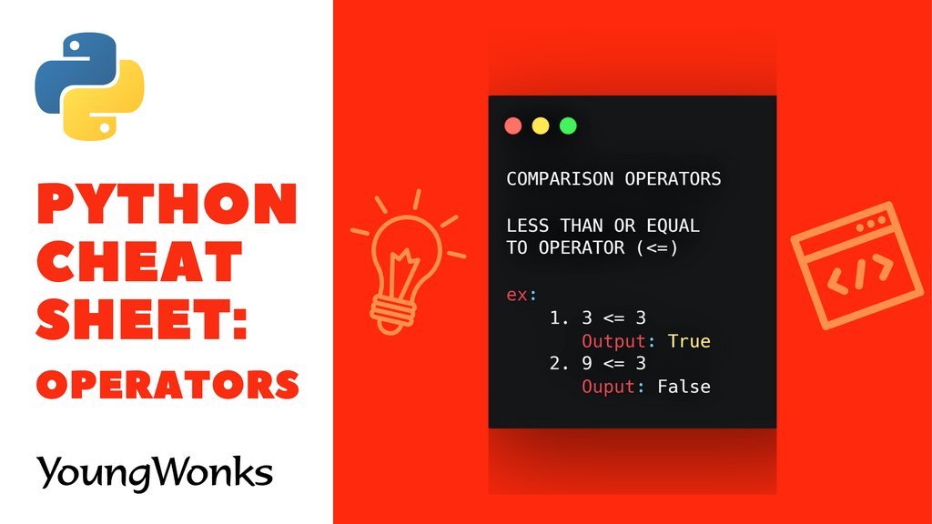 YoungWonks's tweet image. The less than or equal to operator (&lt;=) checks whether the left #operand is less than or equal to the right operand. Shared here is an eg. #bitesizedcodingwithYoungWonks #python #codingforkids #operator #codingforkids #learningresources #learnPython #stemkids #learntocode #STEM