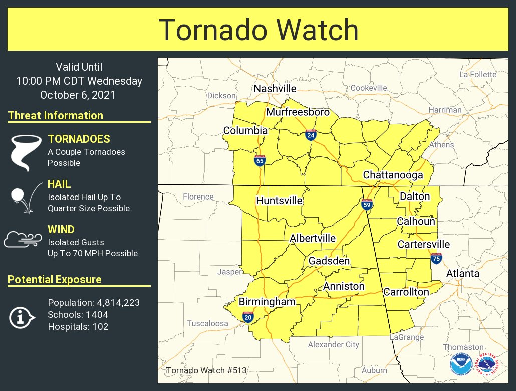 NWSAtlanta's tweet photo. A tornado watch has been issued for parts of Alabama, Georgia and Tennessee until 10 PM CDT https://t.co/qBDQoWzRJo