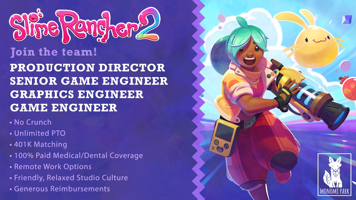 The Slime Rancher team is hiring! If you're looking for an opportunity to take part in exciting projects with a studio as passionate about people as it is pushing games to their creative limits, send your resume in today: monomipark.com/jobs/