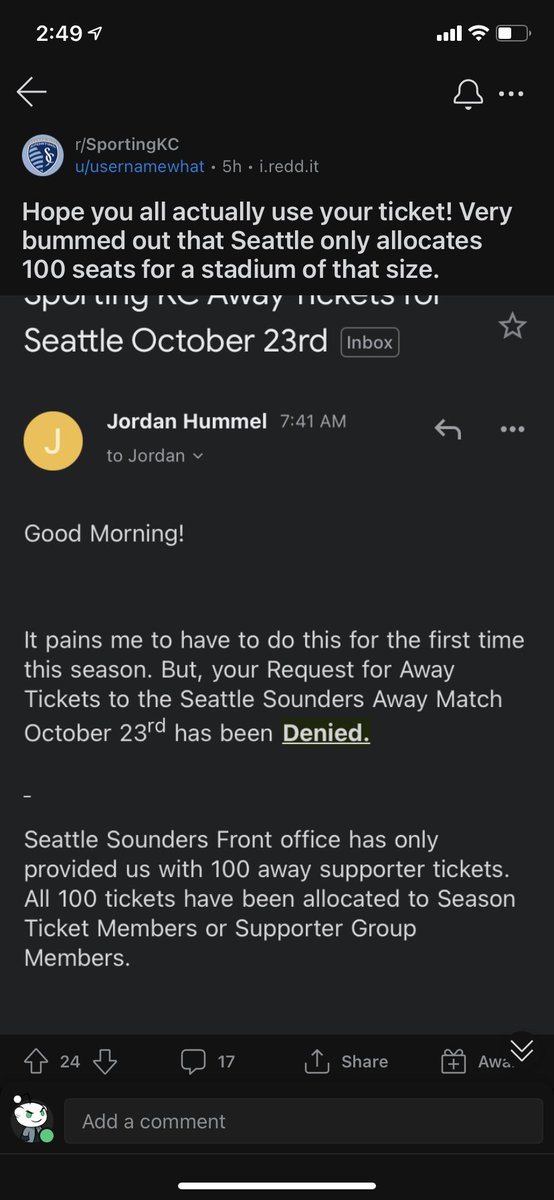 ShaunGoodwinID's tweet image. From the #SportingKC subreddit: The Seattle Sounders, who play in front of a reduced capacity of 37,722 at Lumen Field, are only allocating 100 away tickets to SKC fans for the game later this month.

For a team with the pedigree and clout of Seattle, this is weak.