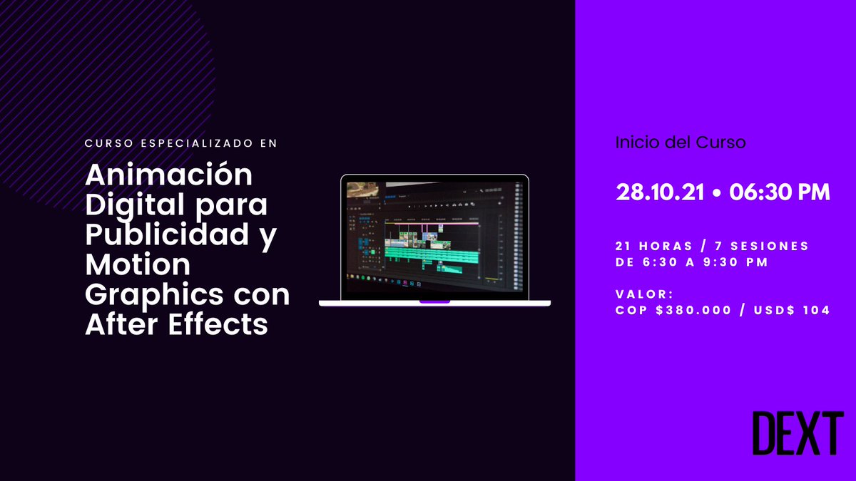 dextco's tweet photo. 💯 Traemos más de nuestra experiencia a nuestros cursos.
Nuevas fechas📅 de cursos, para que potencialices tus habilidades en herramientas digitales.
.
Más información de nuestra escuela y nuestros cursos  📧 hola@dext.com.co
📲 311 396 9862

#desarrolloweb  #Publicidad #uxdesign https://t.co/U8baph69A4