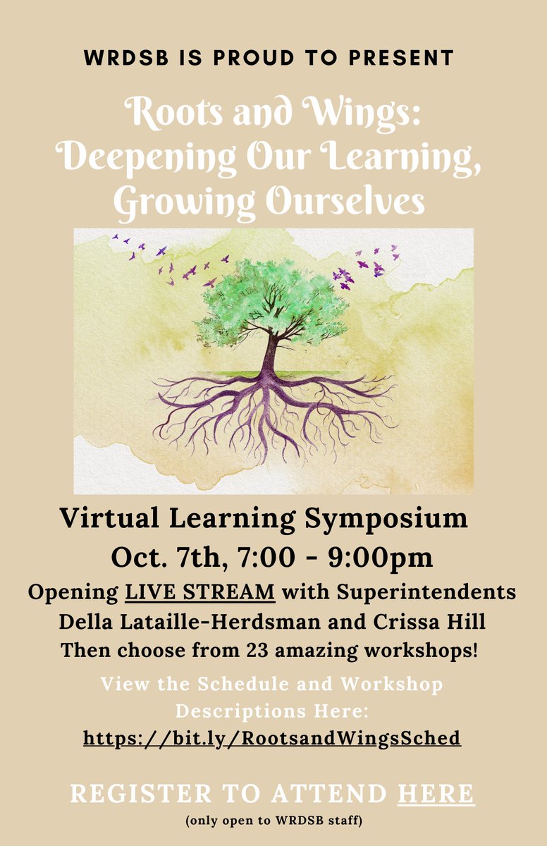 Hey <a href="/wrdsb/">Waterloo Region DSB</a> 👋 - tomorrow night is the Roots &amp; Wings Virtual Learning Symposium!  Opening remarks from <a href="/DellaLataille/">DellaLatailleHerdsmn</a> &amp; Crissa Hill...&amp; over 20 sessions to choose from. There's still time to sign up to learn from and with our colleagues! (open only to WRDSB Staff) <a href="/SMorrisWRDSB/">Stephanie Morris</a>