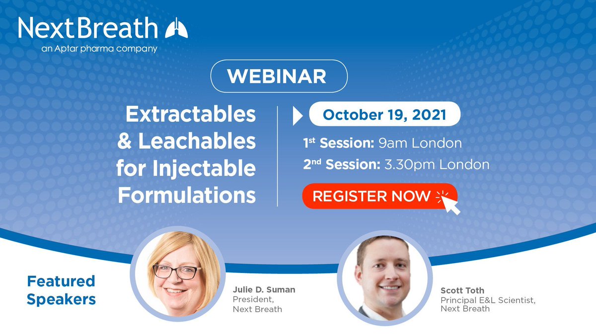 aptar's tweet photo. Join #AptarPharma's #ExtractablesAndLeachables #webinar on 10/19 to learn about our expertise & capabilities in designing & executing E&L studies for #injectableformulations & studies to be performed for #regulatory submissions. https://t.co/J4SuOvWqk9. #injectabledrugdelivery https://t.co/oTc1YWjDPf