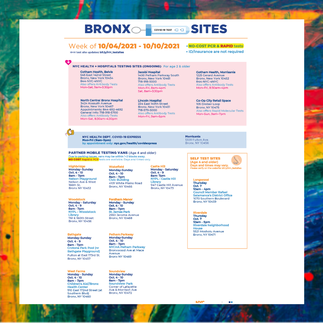 HealthPeopleOrg's tweet photo. Good Afternoon!🌞 

Check out these testing sites for the week in #TheBronx 💉

Click the link in our bio for  information on resources, events and more. 🔗 #TestingSites #NewYorkWellness #NYStrong ✊🏽 https://t.co/WKu4zQiwf9