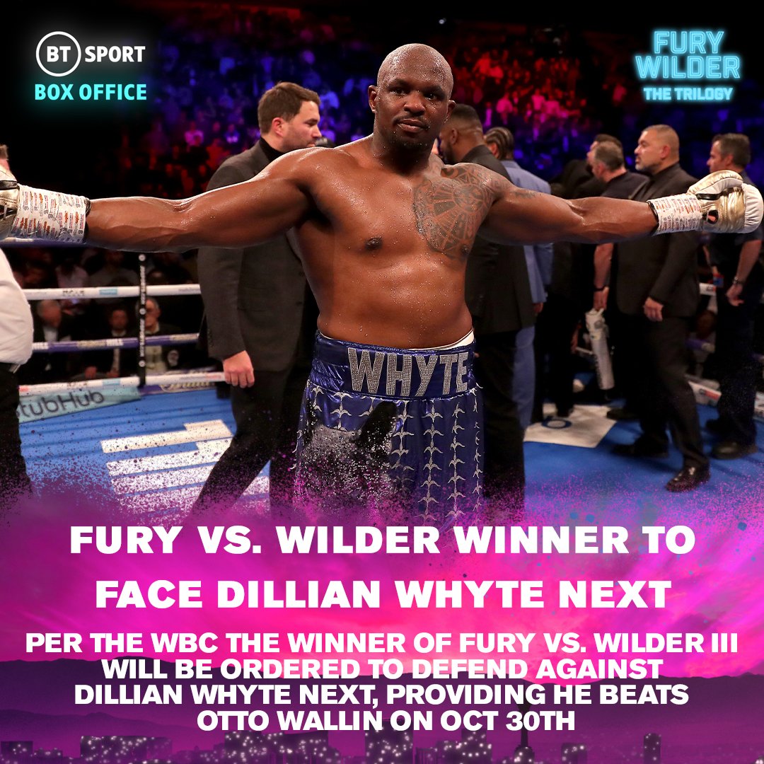 boxingontnt's tweet photo. Plot twist 👀

The winner of Tyson Fury vs. Deontay Wilder 3 will have to face Dillian Whyte next, should he beat Otto Wallin 🥊

#FuryWilder3 | Saturday | BT Sport Box Office https://t.co/HZytAA8Uug