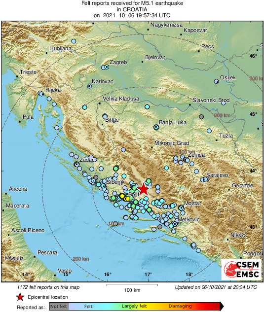 LastQuake's tweet photo. M5.1 #earthquake (#potres) strikes 40 km NE of #Split (#Croatia) 8 min ago. Effects reported by eyewitnesses: https://t.co/zYRPmOBq2K