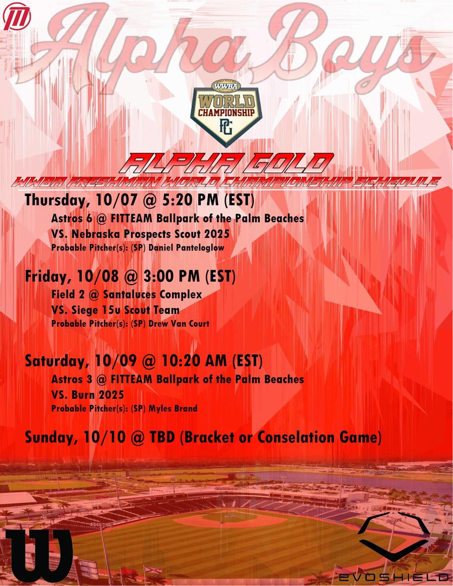 AlphaBaseballSC's tweet photo. Schedules, rotations, rosters for Alpha Prime 2025 and Alpha Gold 2025 at the Freshman WWBA! Let’s go! 
@AlphaMovementBB @PerfectGameUSA @Colt_PG @TRussoPG @JBrownPG @JeredGoodwin3 @vcervinoPG @PGTerryWetzel @B_Sakowski_PG @California_PG https://t.co/YvLPXvZz8Z