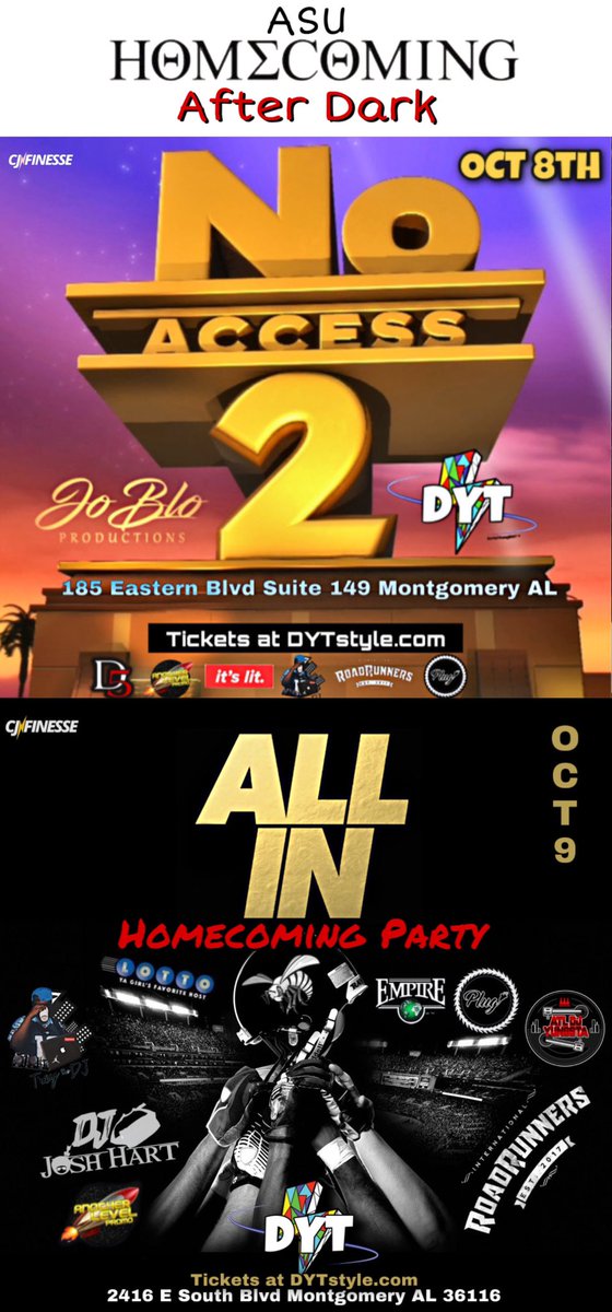 DoYaThangENT's tweet photo. ๐จThe Collab of the Year๐จ
Only 1 Section Leftโผ๏ธ
@DoYaThangENT x @intlroadrunners
@ALPromotionn x @PlugDInPromo
@atldjyungsta x @205Lotto
@trethedj x @SoFreekedKiddo
The All In Homecoming Party๐
Tickets at https://t.co/3pRQR9SOxA๐ฐโก๏ธ
#bamastate #myasu #myaum #troyu #skegee https://t.co/759nxWT0Ev