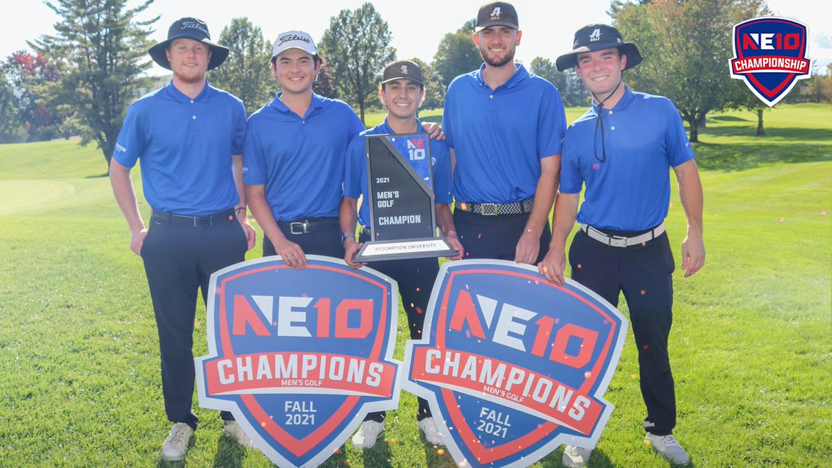 TheNortheast10's tweet photo. 𝐍𝐄𝟏𝟎 𝐂𝐇𝐀𝐌𝐏𝐈𝐎𝐍𝐒!

Congratulations to @GoAssumptionU Men's Golf on claiming the Fall 2021 NE10 Championship by 15 strokes with a 579 overall!

@LeMoyneDolphins edged @snhupenmen by one stroke to finish as the Runner-Up with a 594!

#NE10EMBRACE #D2GOLF https://t.co/6XM9CpXZvR