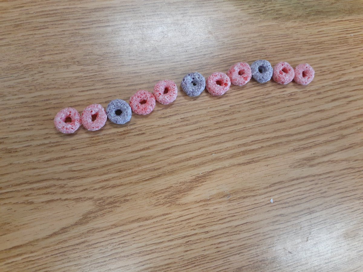 mrspsgr1s's tweet photo. We used fruit loops to make patterns today. Can you name our patterns? What would come next? #mathematicians #grade1isfun #yummymath @ConnaughtDSBN https://t.co/7FK8n03ly5