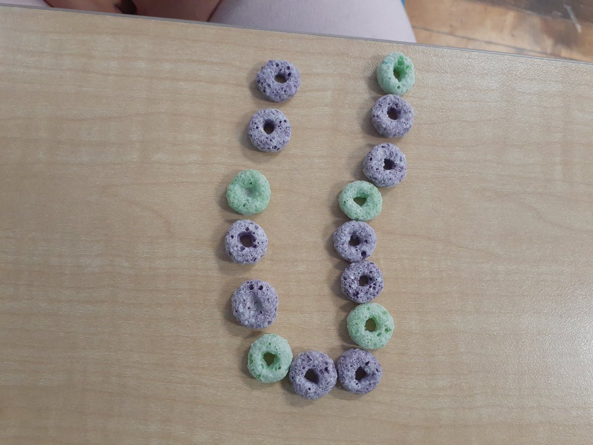 mrspsgr1s's tweet photo. We used fruit loops to make patterns today. Can you name our patterns? What would come next? #mathematicians #grade1isfun #yummymath @ConnaughtDSBN https://t.co/7FK8n03ly5