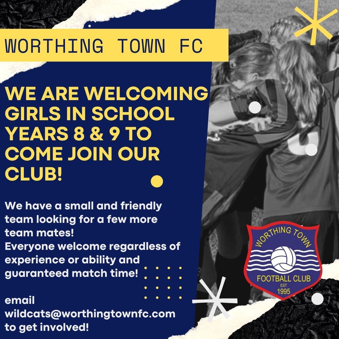 sarah1986's tweet photo. Please share, we are welcoming girls to come join our under 14s at @WorthingTownFC all abilities welcome, just bring a desire to be part of our team!
@SussexCountyFA @SCWGFL @BohuntWorthing @SRWAcademy @shorehamPE @DavisonPEDept @WorthingHighPE @DurringtonHigh @Worthing_Sport https://t.co/3XJ3Rj9PSZ