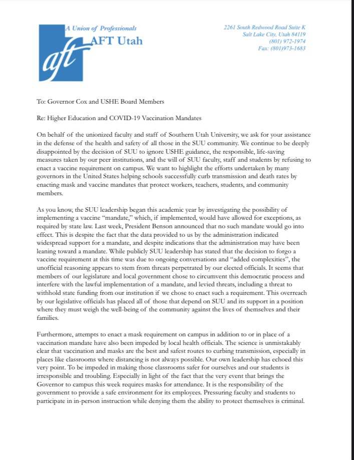 AftSuu's tweet photo. Our statement regarding SUU’s decision not to mandate a Covid-19 vaccine.
#keepfacultysafe #keepstudentssafe #keepstaffsafe https://t.co/OPRikRPN5p