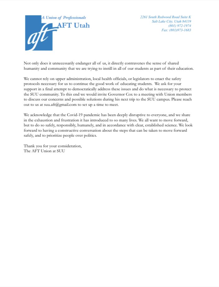 AftSuu's tweet photo. Our statement regarding SUU’s decision not to mandate a Covid-19 vaccine.
#keepfacultysafe #keepstudentssafe #keepstaffsafe https://t.co/OPRikRPN5p