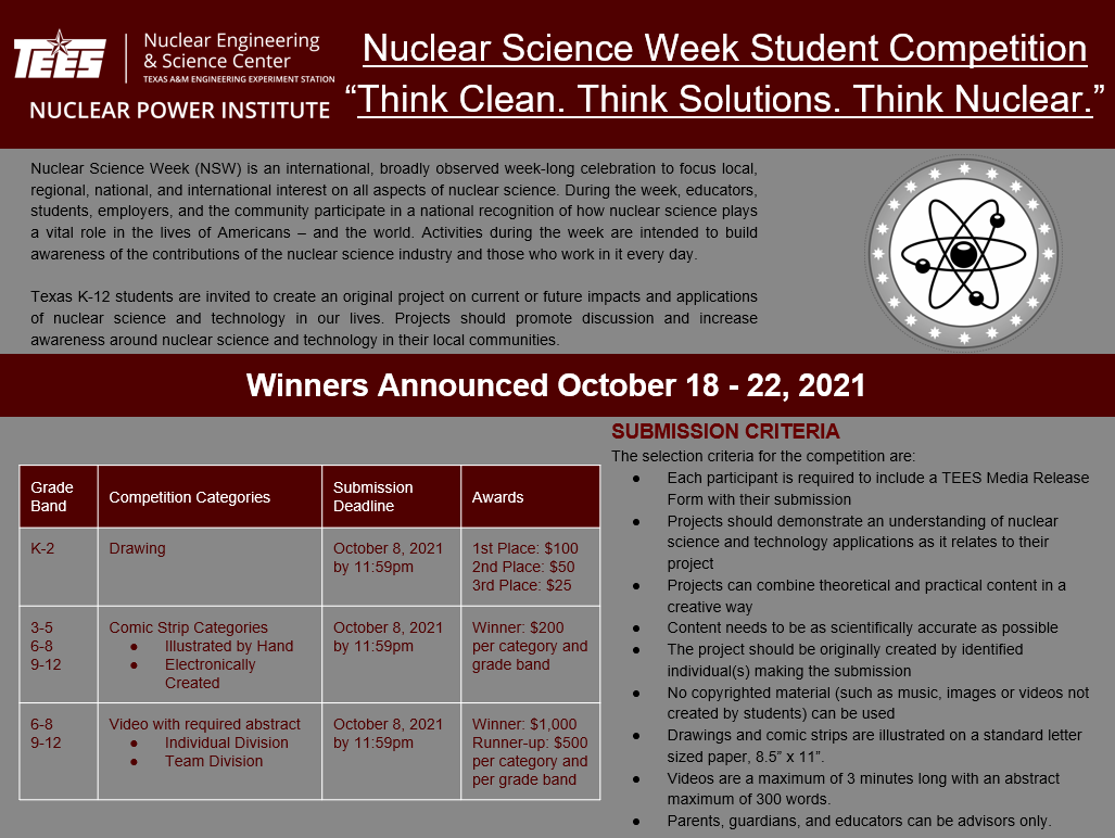 TAMUReCENT's tweet photo. The deadline for our Nuclear Science Week Competition is THIS FRIDAY Oct. 8th!! Create a project about the current or future impacts of nuclear science and technology in our lives to win CASH prizes and more!! See the flyer to learn more about it! https://t.co/txz4jHaAWa