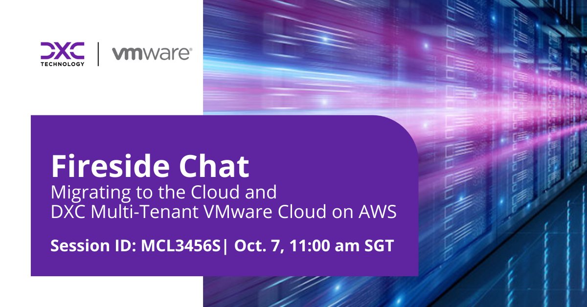DXCTechnology's tweet photo. What are the current challenges organizations are facing when migrating to the cloud? Join @MattCudworth, and Mike Reddie to get their insights and learn about DXC's Multi-Tenant @VMware Cloud on @awscloud. Register now: https://t.co/Dm2aYIERNU #VMworld #DXCdoesCloudRight https://t.co/7CPaATTPCm