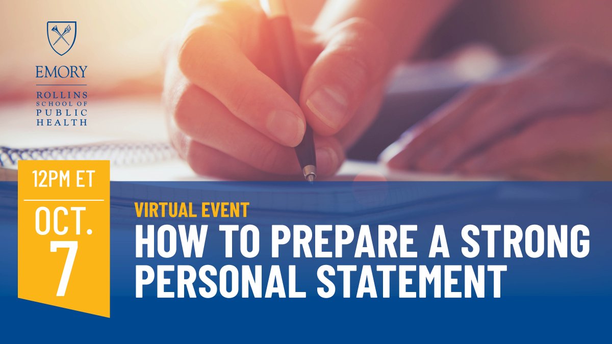 EmoryRollins's tweet photo. Oct.  7 | 12PM EDT | Join our admissions team to learn how to make your personal statement stand out to admissions committees. We will address your questions and offer examples of strong personal statements. Register Now: https://t.co/QF1rcZWnyU

#rsphadmissions #getaccepted https://t.co/nbank3WtOP