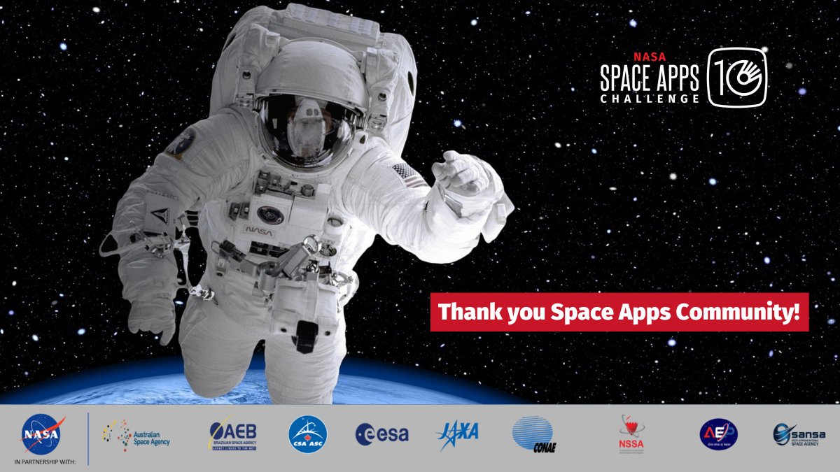 SpaceApps's tweet photo. Thank you all who participated in &amp; celebrated our 10th year of #SpaceApps! More than 28,000 people registered from 160+ countries to tackle 28 challenges. We appreciate our Local Leads, Ambassadors, Collaborators, volunteers, space agency partners, and experts! https://t.co/kALQCf02OX