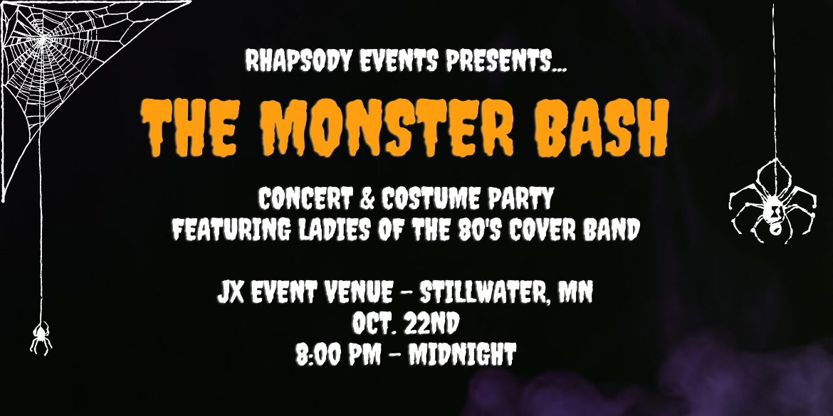 Join us at the hauntingly beautiful JX Event Venue in Stillwater for the Monster Bash concert &amp; costume party!

Friday, Oct. 22nd
8:00 pm - Midnight

Sponsored by <a href="/TheMinnesotanCo/">The Minnesotan</a> 

Tickets on sale here:
eventbrite.com/e/the-monster-… 

#MinnesotaEvents #HalloweenInMN