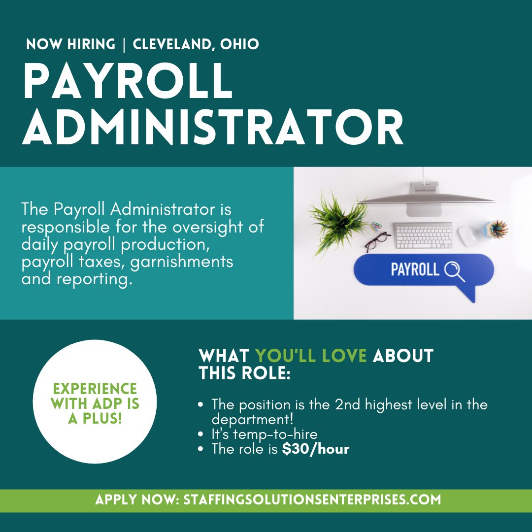StaffSolEnt's tweet image. 👇 Check this out 👇

We are looking for a candidate for this this Payroll Administrator role in Cleveland! This role is temp-to-hire and pays $30/hour! 

Are you interested? Learn more here: 
ow.ly/uymp50Gnh4z