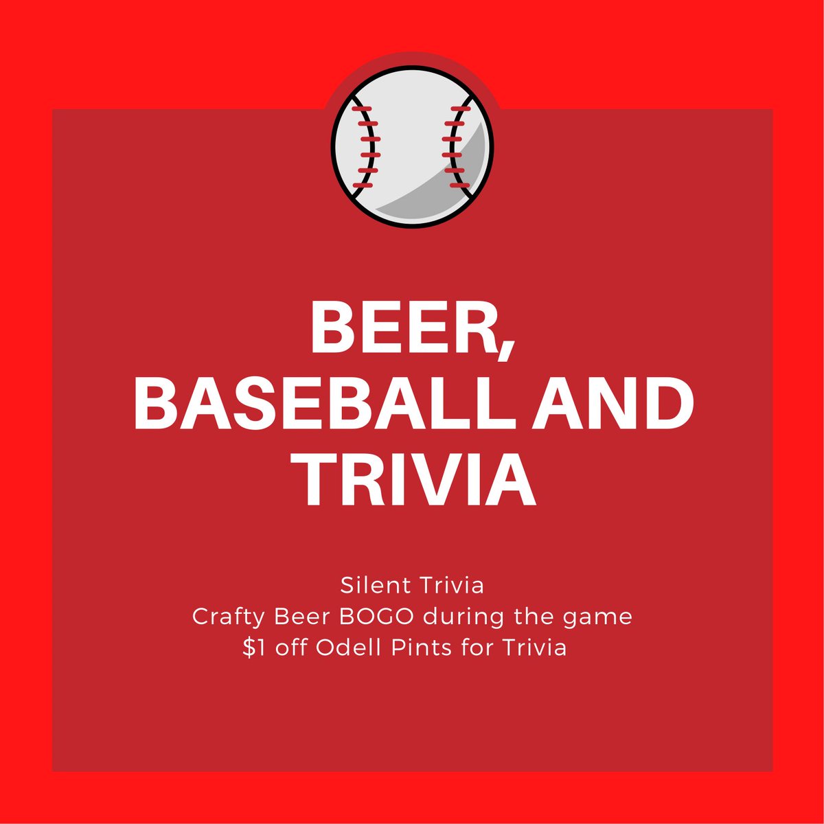 craftybar's tweet photo. We will be hosting trivia tonight sponsored by @odellbrewing, however we will not be doing trivia over the sound system as we will be playing the audio for the @cardinals game. 

For trivia we will have $1 off @odellbrewing beers and during the game we will do BOGO Crafty Beers! https://t.co/8TzwM8TIBP