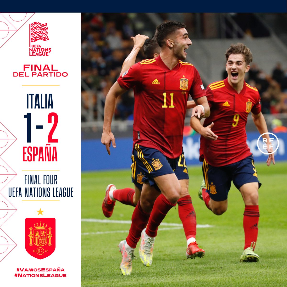 SEFutbol's tweet photo. 🏁 ¡¡FINAL, FINAL, FINAAAAAAAAAAL EN SAN SIRO!!

La @SeFutbol gana un emocionantísimo partido ante Italia que ha tenido DE TODO.

♥️ ¡¡QUÉ GRAN NOCHE DE FÚTBOL!!

🇮🇹 🆚 🇪🇸 | 1-2 | 90+5’ 

#VamosEspaña 
#NationsLeague https://t.co/E0D34Ex6p8