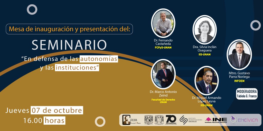 🎙️Mañana a las 16:00 hrs, Mesa de inauguración y presentación del Seminario: "En defensa de las autonomías y las instituciones" 🤩 
Nos acompañan:
👉 Dr. <a href="/CastanedaSabido/">Fernando Castañeda</a>
👉 Dr. Miguel Armando López Leyva
👉 Dra. <a href="/silviainclano/">Silvia Inclán</a>
👉 Dr. <a href="/antoniozeind/">Marco Antonio Zeind</a>
👉 Mtro. @igparranoriega