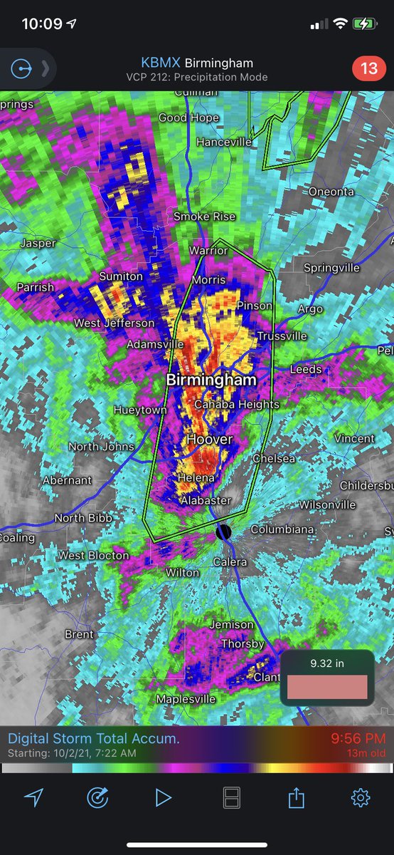 A #FlashFloodEmergency has been issued for the Birmingham #Alabama metro area. Radar estimates go as high as 9” with between 3-6” more to come, significant flooding has already been reported. This is a particularly dangerous situation, evacuate flood prone areas if safe to do so!