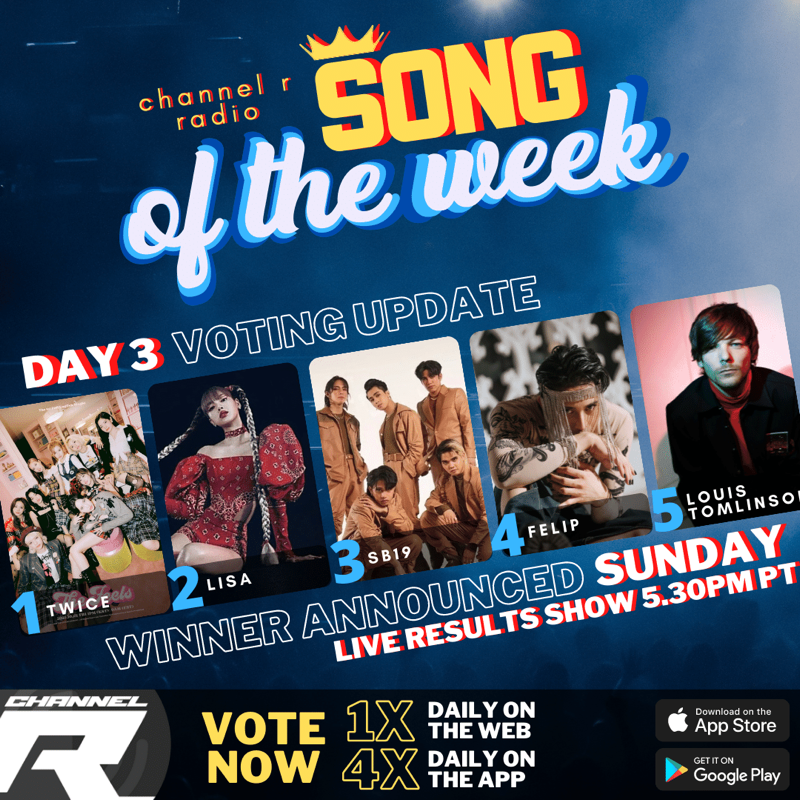 channelrradio's tweet photo. ⭐️Here's your Day 3 voting update for the next #ChannelRSongOfTheWeek
1 #TWICE
2 #LISA
3 #SB19
4 #Felip
5 #LouisTomlinson
6 #ZAYN
7 #HarryStyles
8 #LiamPayne
9 #SonTungMTP
10 #KatyPerry
Who will win? Vote 1x daily on the website + 4x daily on our App here: https://t.co/jaa2PF8U0s