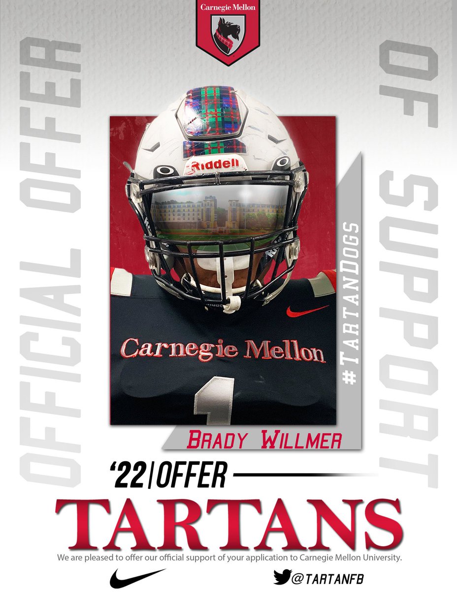 Brady Willmer (@bradywillmer) on Twitter photo Proud to have received an offer from <a href="/TartanFB/">Carnegie Mellon Football</a>! <a href="/CoachAndyHelms/">Andy Helms</a> <a href="/CoachGibboney/">Coach Gibboney</a> Proud to have received an offer from <a href="/TartanFB/">Carnegie Mellon Football</a>! <a href="/CoachAndyHelms/">Andy Helms</a> <a href="/CoachGibboney/">Coach Gibboney</a>