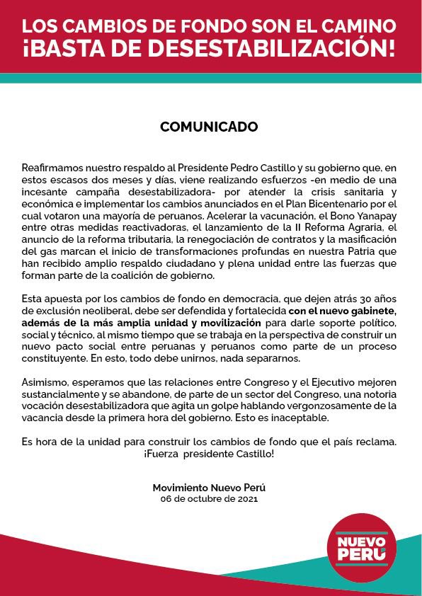 NuevoPeruMov's tweet image. Reafirmamos nuestro respaldo al presidente @PedroCastilloTe. Es hora de la unidad para construir los cambios de fondo que el pueblo reclama.

¡Fuerza Presidente! 💪🏽🇵🇪