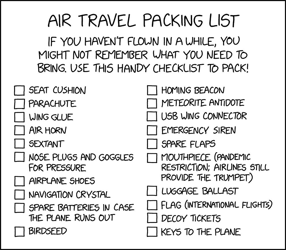 xkcd's tweet photo. Air Travel Packing List https://t.co/wIvzmBqwg7 https://t.co/3k80NpwKiL