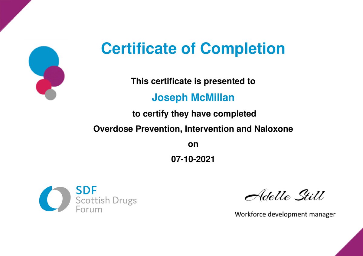 Officially completed my Naloxone training and downloaded my certificate tonight through @SDFnews 
#StopTheDeaths #Drugs #Overdose #Naloxone #Training #Certificate #ScottishDrugsForum #Glasgow #Scotland