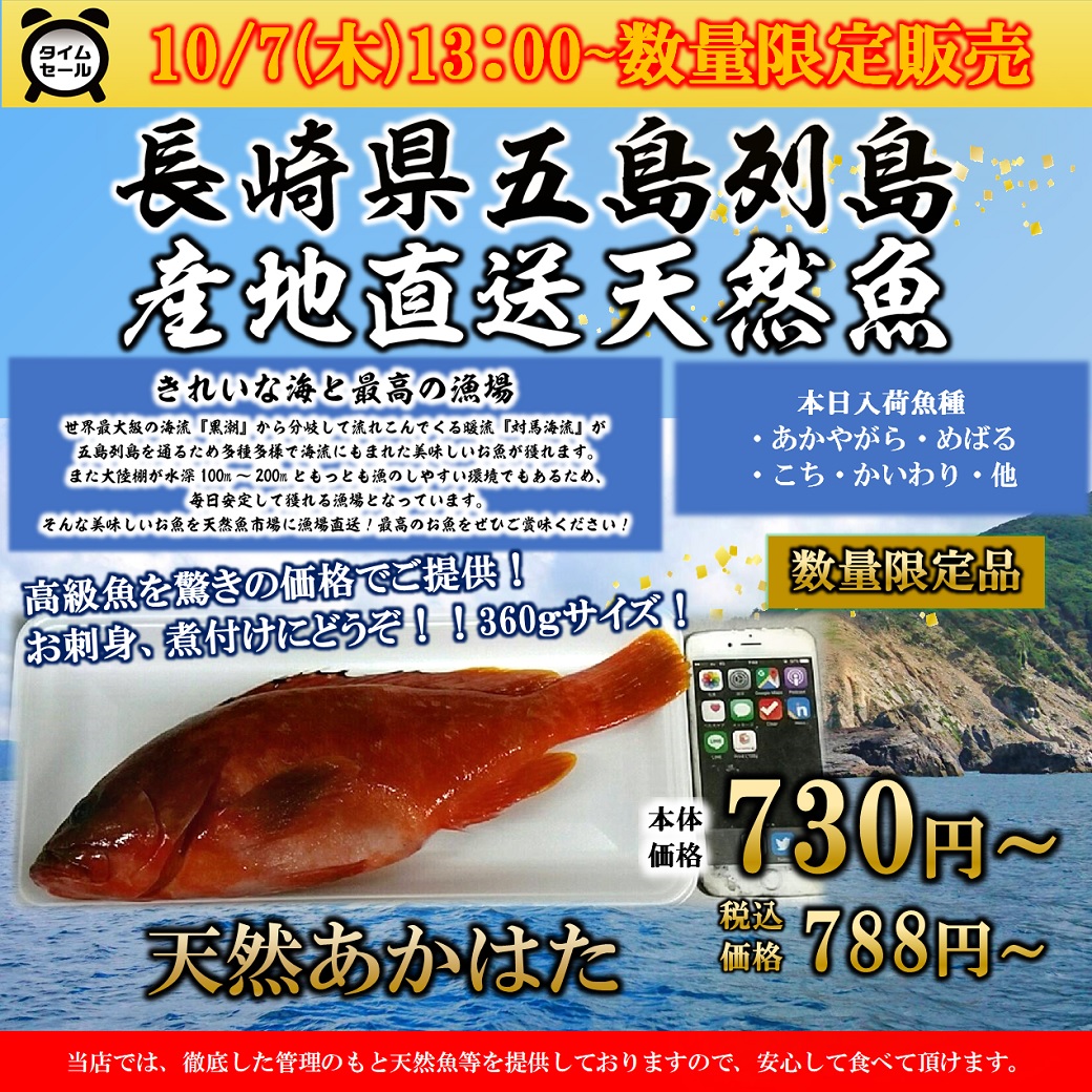 くら天然魚市場 本日 10 07 木 13時00分より ビッくらタイムセール を開催 漁場直送のお得な商品を特別価格 で限定販売致します くら天然魚市場 T Co Wx7zs5ybxa Twitter