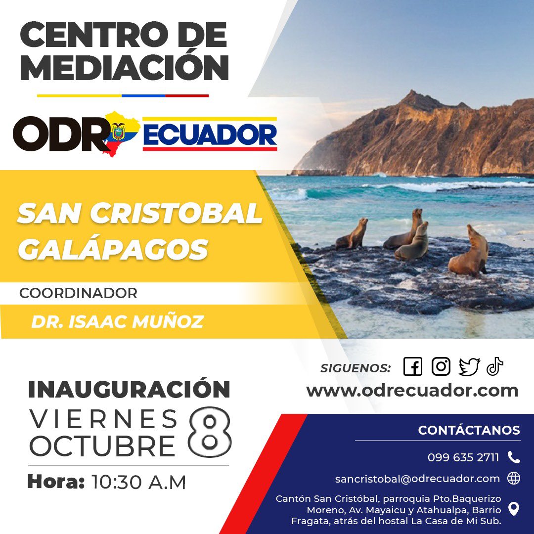 CentroOdr's tweet photo. Gracias por el maravilloso recibimiento Dr #IsaacMuñozCarrillo-Director de #ODREcuador - Mediación #SanCristóbal-Galápagos 

Los invitamos a seguir de cerca nuestro nuevo #CentroDeMediaciónGalápagos, específicamente en #SanCristóbal.

https://t.co/rWcrzwD2QC https://t.co/PqkYYYmz2c