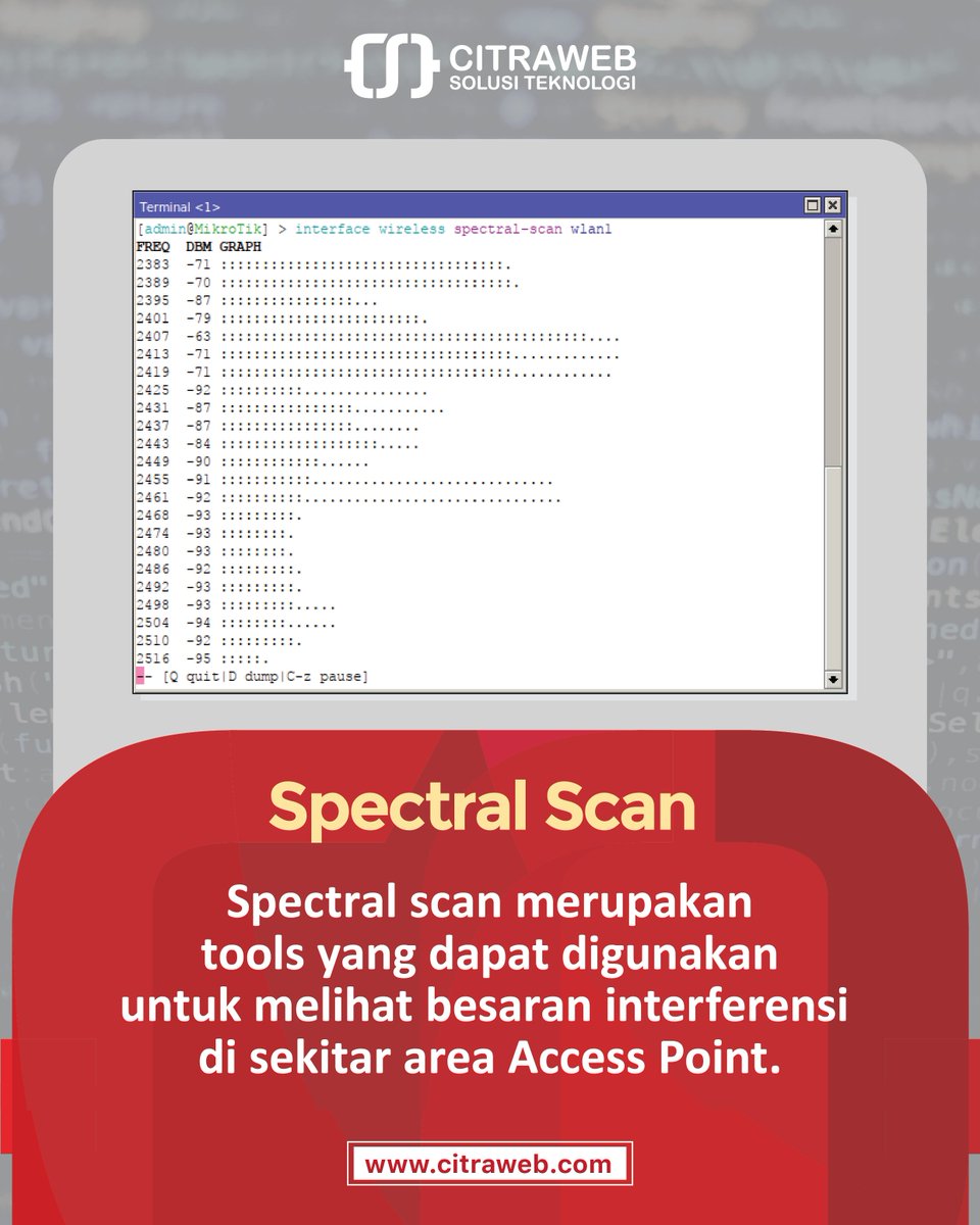 mikrotik_id's tweet photo. #SpectralScan digunakan untuk melihat seberapa besar tingkat interferensi disetiap channel yang tersedia. Range dari channel yang discan ini tergantung dengan range channel yang disupport oleh wireless card
Artikel terkait:
https://t.co/3U72EI8rVJ
https://t.co/ieggpadZPe https://t.co/Z2sRW3vhNr